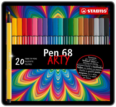 STABILO Pen 68 Fibre Tip Pen - ARTY - Assorted Colours (Tin of 20)